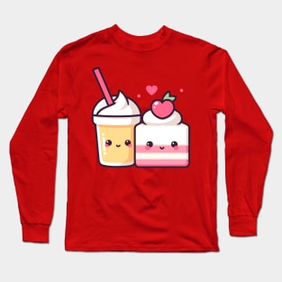 Kawaii Cute Strawberry Cake and Milkshake with a Heart | Design for Kawaii Couples Long Sleeve T-Shirt